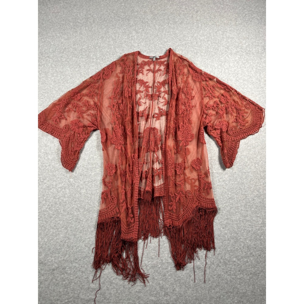 Charlotte Russe Kimono Women M/L Rust Sheer Embroidered Boho Western Fringe